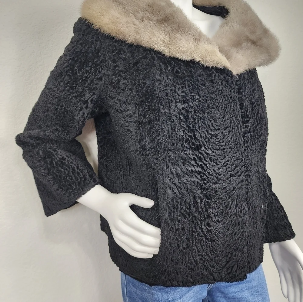 Vintage Persian Lamb Mobwife Black W/ Gray Mink Collar Jacket Size L/XL